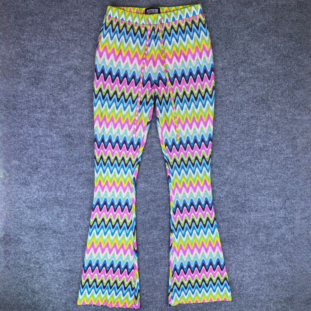 Poster Grl Wavy Knit Stitch Multicolor Flare Pants Bell Bottoms Festival Sz Sm
